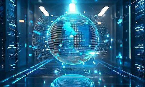 信息數據3D渲染 科技感地球球體與全球網絡連接服務器機柜場景插畫